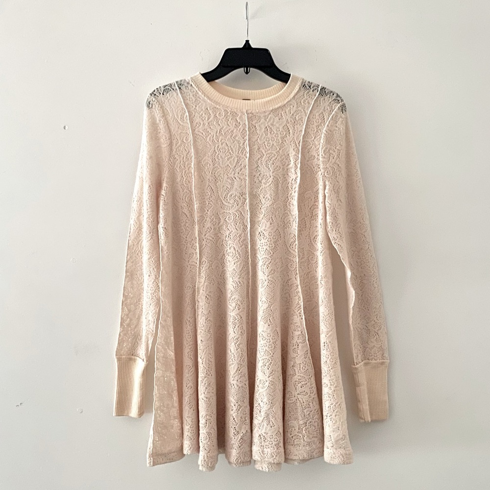 Free People Women’s Knit Sheer Lace Tunic Top Ivory Size Small